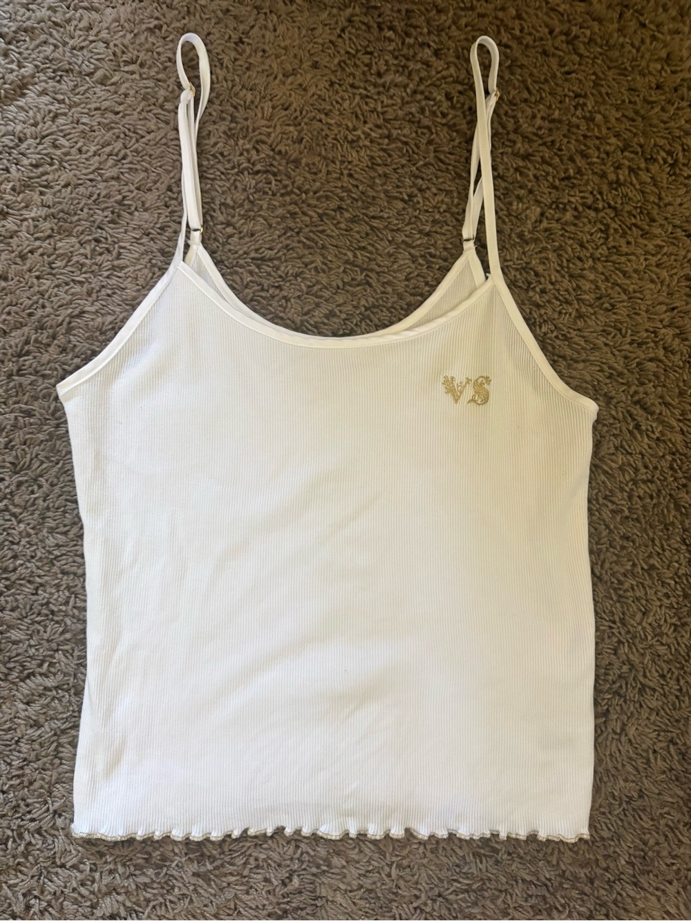 Victoria’s Secret White Ribbed Spaghetti Strap Tank with Gold Accent - Women